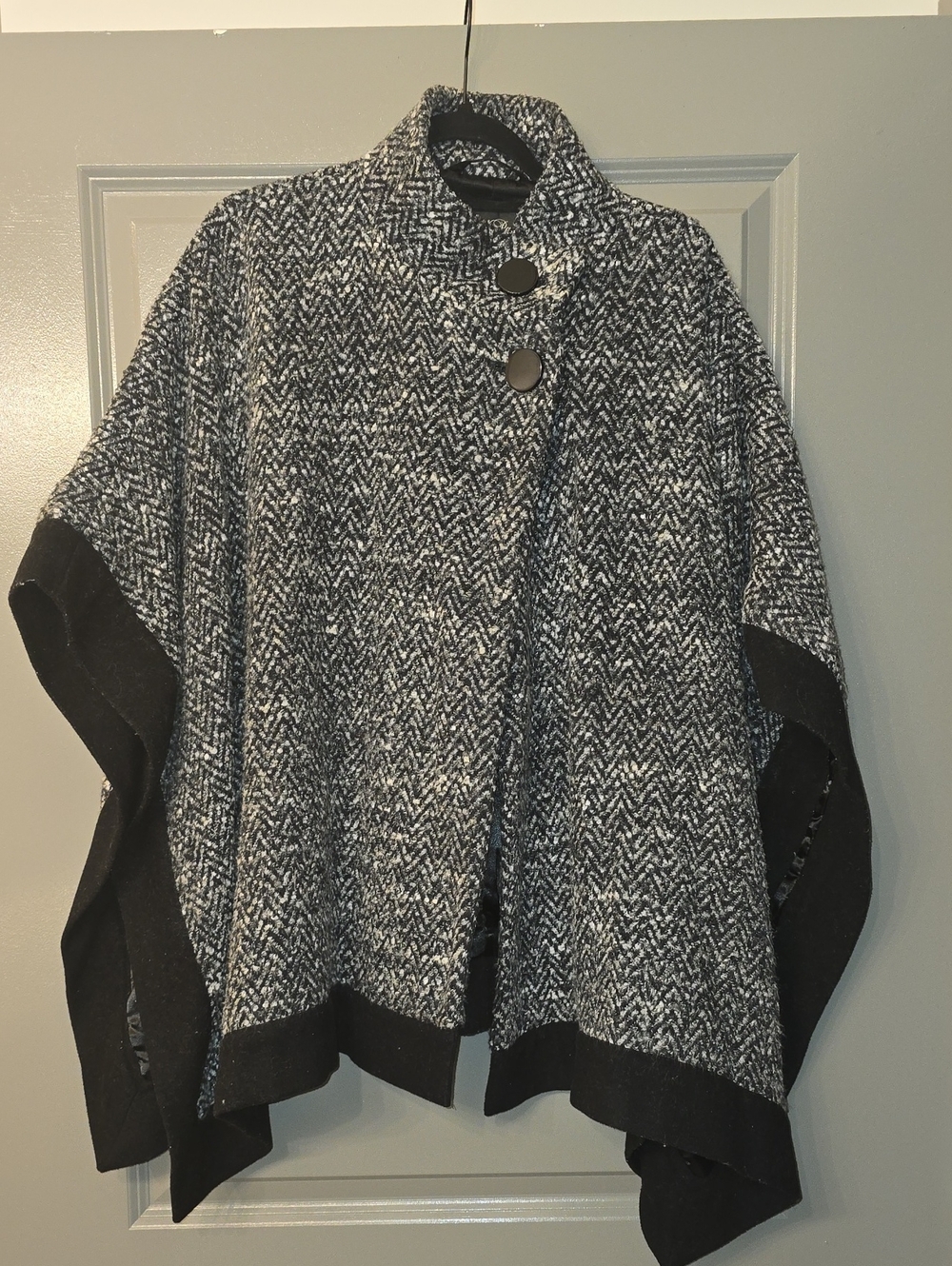 Black & White Herringbone Cape with Stand Collar